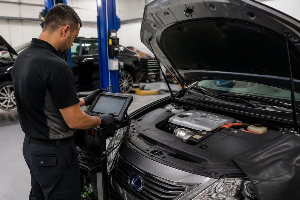 Experienced technician performing diagnostic scan on a Lexus hybrid vehicle using professional diagnostic equipment in a modern repair shop with fluorescent lighting