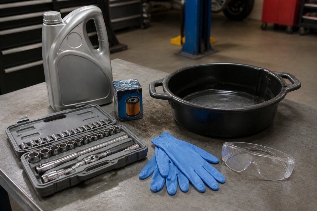 A garage workbench laid out with a jug of 0W-20 synthetic motor oil, a new oil filter in its box, a socket set, blue nitrile gloves, safety goggles, and a drain pan on a concrete floor under bright overhead light