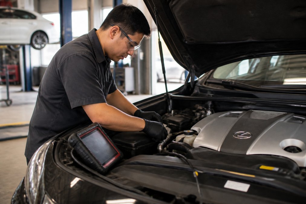 Professional technician in well-lit shop performing scheduled maintenance on luxury sedan engine with diagnostic scanner and precision tools visible on workbench
