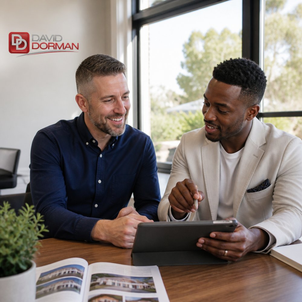 Professional real estate agent and prospective home buyer having a friendly conversation in a modern office, reviewing property listings together on a tablet with natural light from windows