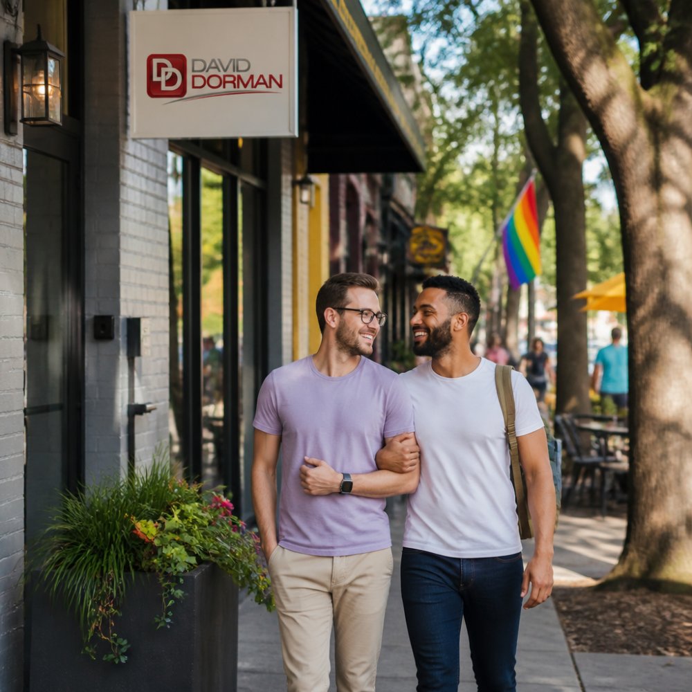 Diverse couple walking through a vibrant neighborhood street with local shops, cafes, and community spaces visible, tree-lined sidewalks, and welcoming storefronts