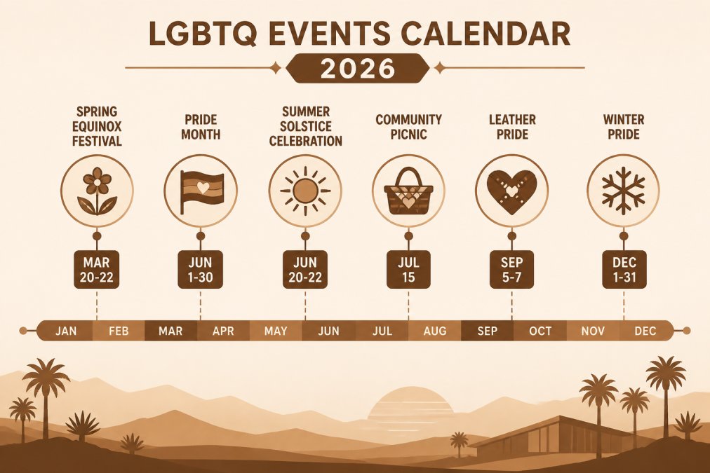 Timeline showing major LGBTQ events throughout 2026: Pride Month June 1-30, Winter Pride December 1-31, Spring Equinox Festival March 20-22, Summer Solstice Celebration June 20-22, Community Picnic July 15, Leather Pride September 5-7
