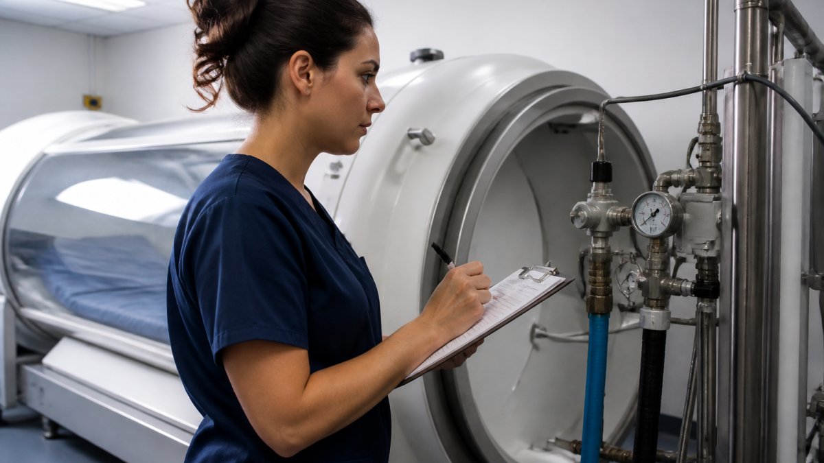 Technician inspecting pressure gauges and seals to ensure liability and compliance for hyperbaric chambers.