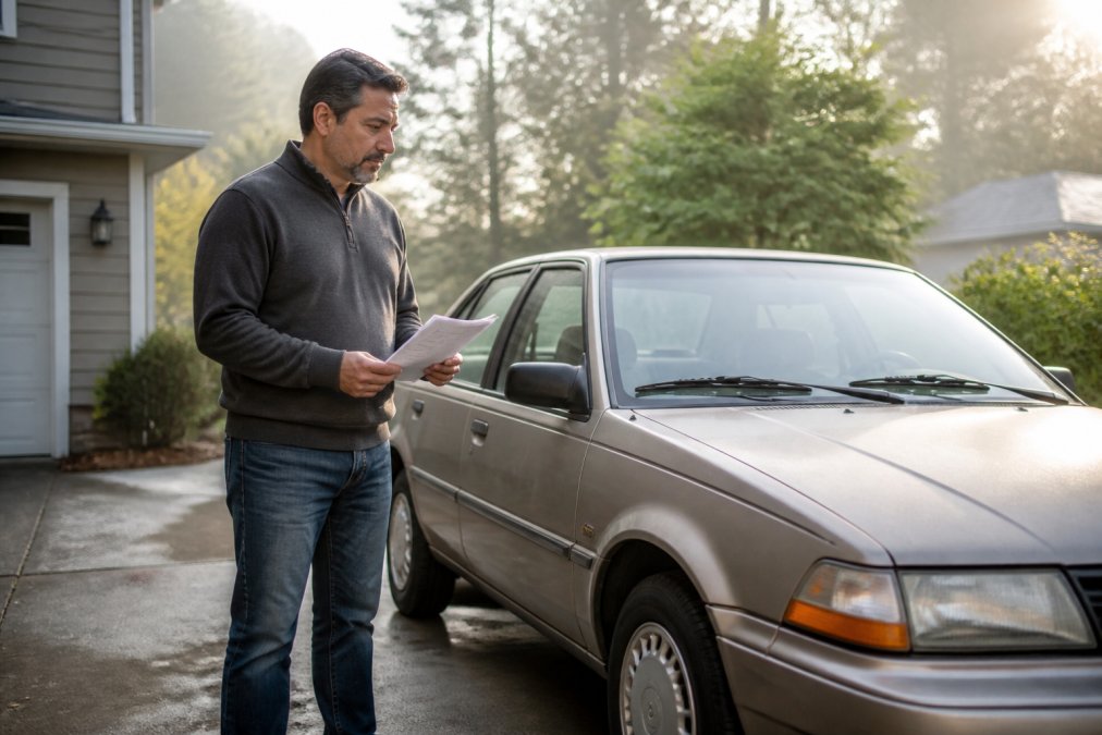 A middle-aged driver standing beside an older sedan in a driveway, holding insurance paperwork and looking thoughtfully at the car, soft morning light