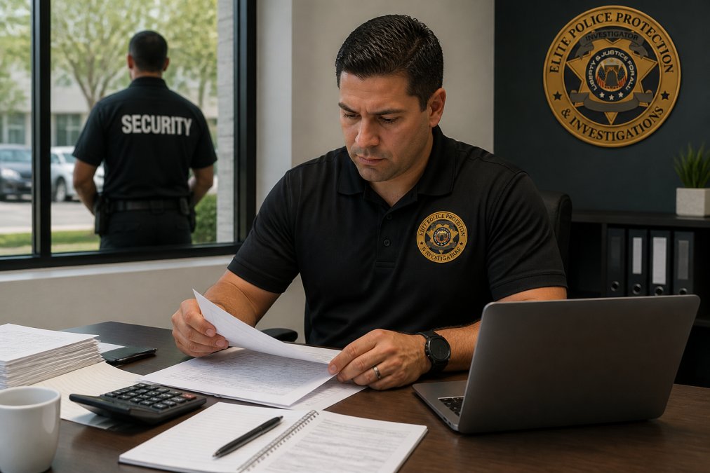 A security company owner reviewing insurance documents and a laptop with a calculator on a desk in a modern office, with a uniformed security guard visible through a window in the background