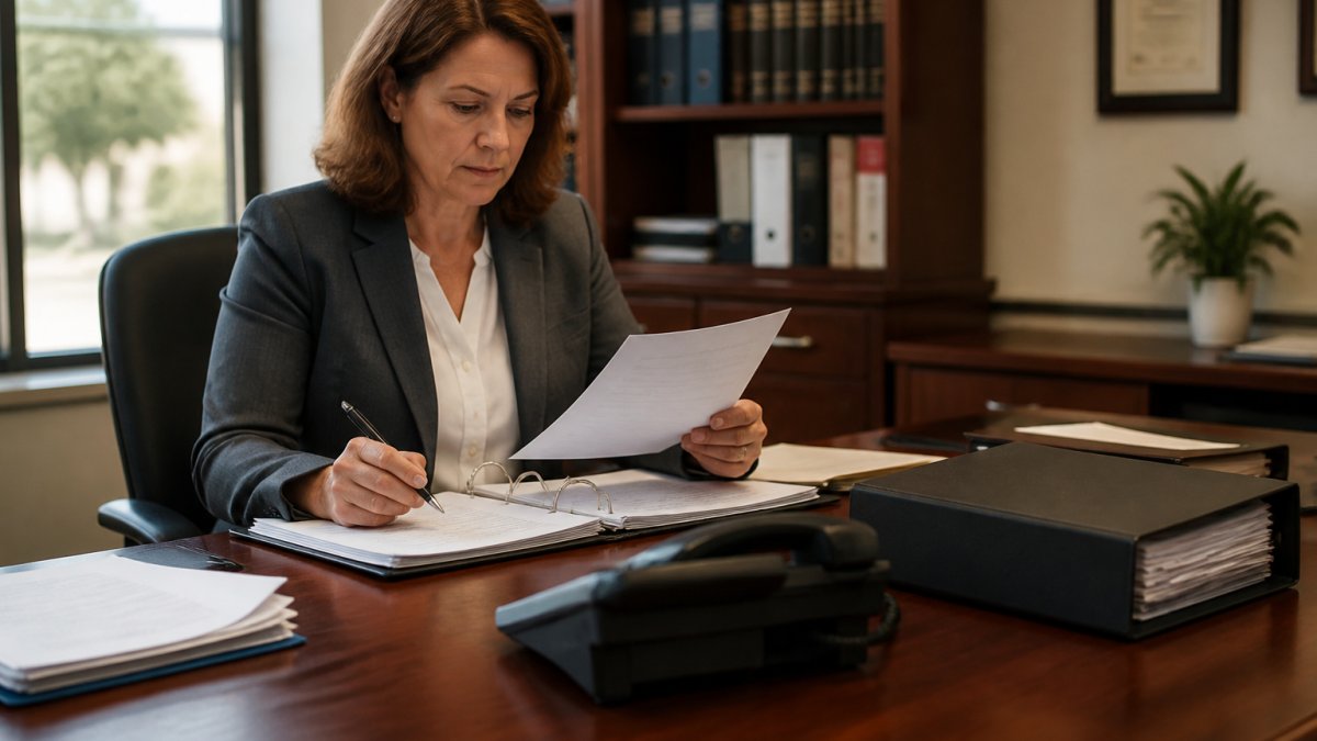 Practice manager reviewing incident response documentation for telehealth data breaches at a desk