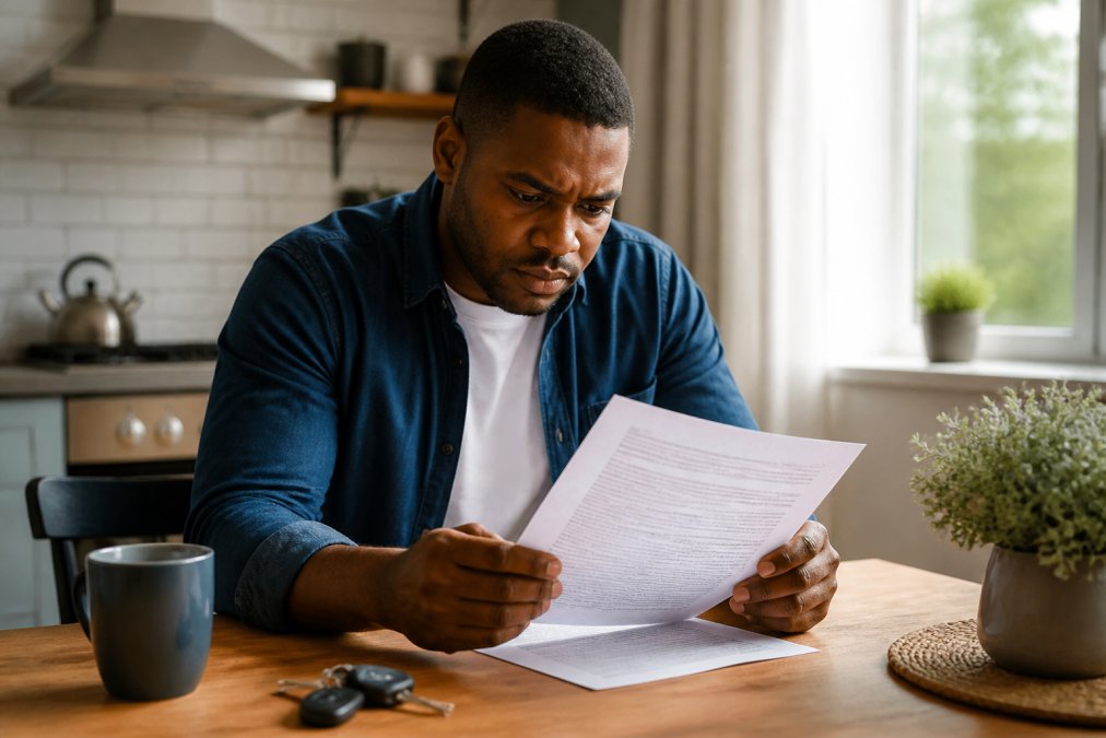 A driver reviewing an auto insurance policy document at a kitchen table, with car keys and a coffee mug nearby, natural window light