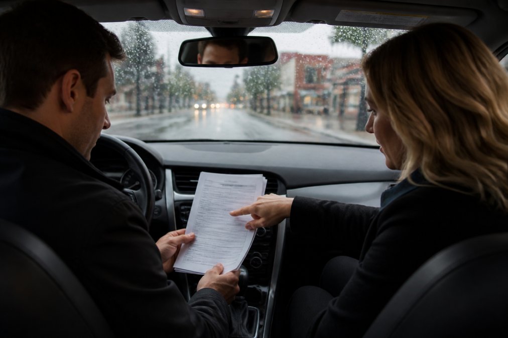 Driver and insurance agent reviewing liability vs full coverage documents inside a car on a rainy Everett street