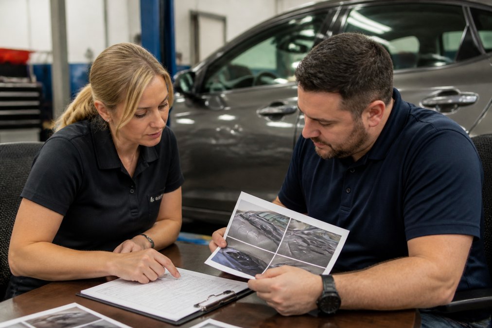 Customer and repair shop representative reviewing hail damage assessment photos and claim paperwork together at a desk with vehicle inspection documentation visible