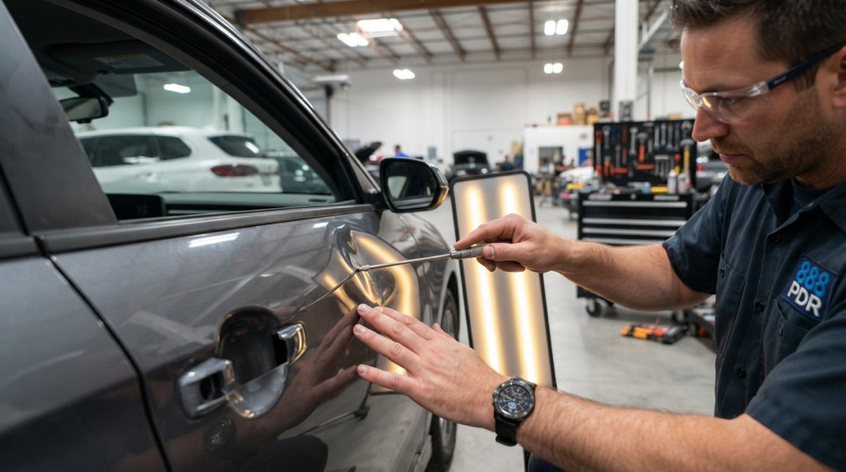 Close-up of a technician's hands using a PDR tool to gently massage a dent on a car door panel inside a large, clean repair facility with bright overhead lighting