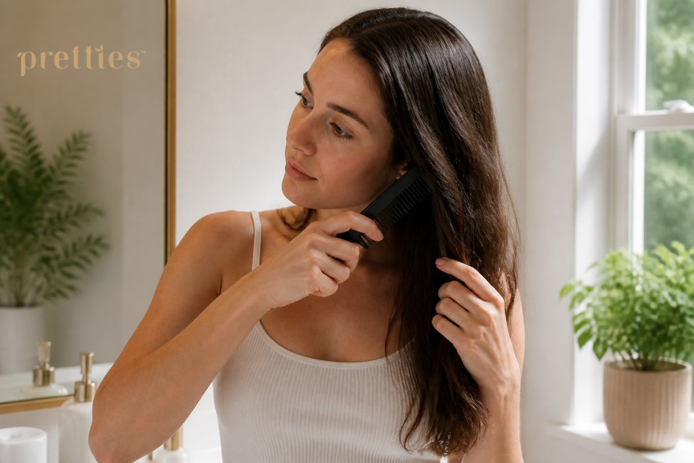 Close-up of a woman's hands gently combing through her long, healthy hair with a fine-tooth comb in a bright, modern bathroom, soft morning light through a window