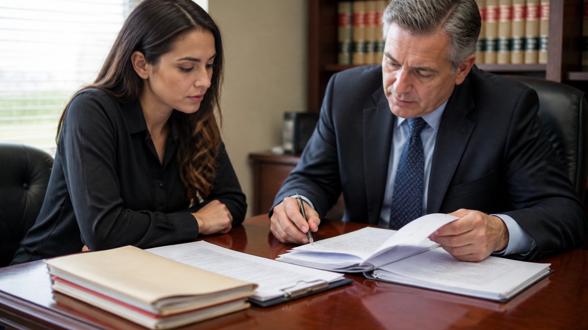 Professional attorney and client in consultation, reviewing suspension documents and hearing materials at a desk in a modern law office with natural lighting