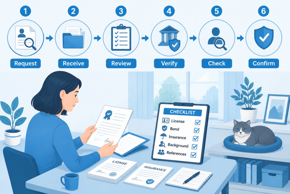 Cat owner reviewing documents and credentials at a table with a checklist visible, representing the verification process in a home office setting with natural light