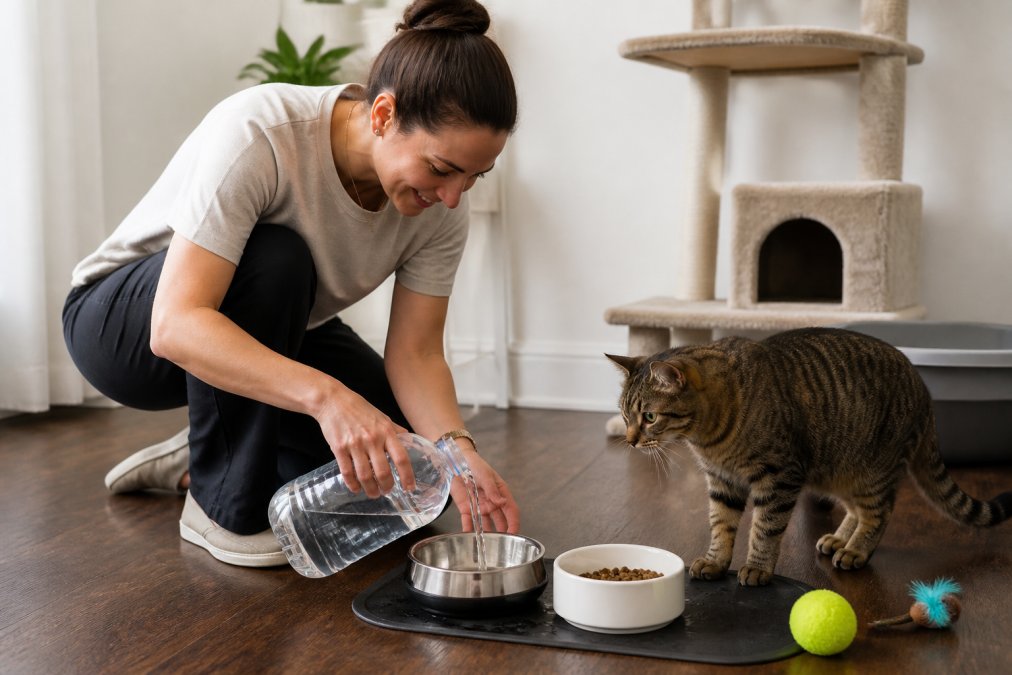 Professional pet sitter interacting with a tabby cat in a bright home setting, refilling a water bowl and providing attention, with toys and a litter box visible