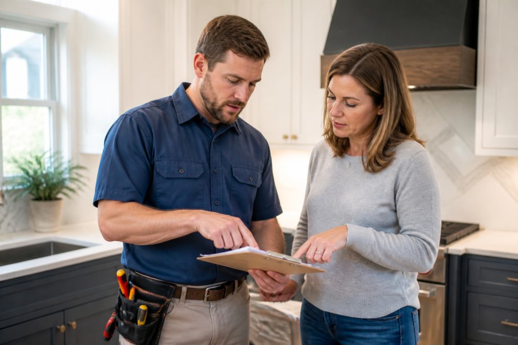 A professional handyman in a clean branded work shirt reviewing a project clipboard with a homeowner in a bright, modern residential kitchen, both engaged and pointing at the estimate sheet together
