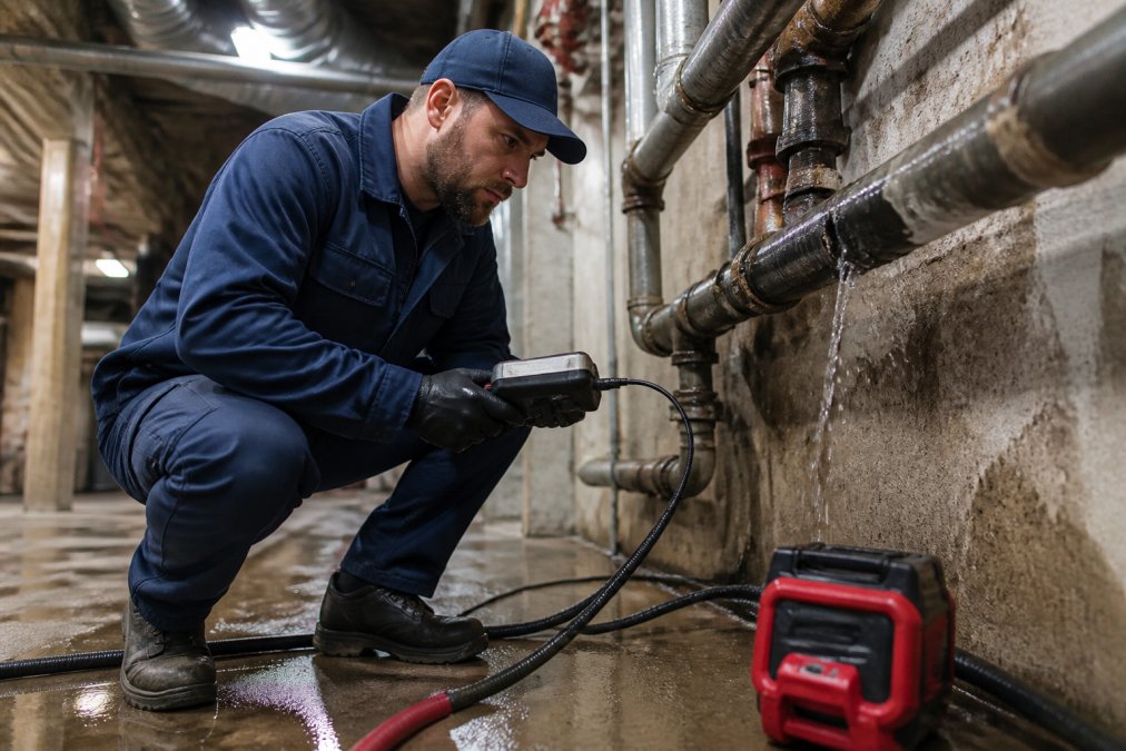 Professional plumber in uniform inspecting a burst pipe in a commercial building basement with diagnostic tools and equipment visible, bright overhead lighting