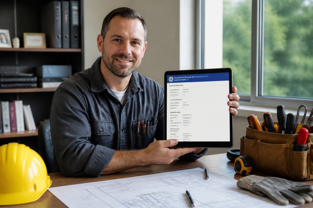 Professional electrician holding a tablet displaying the Florida Department of Business and Professional Regulation license verification database with active license details visible on screen, in a modern office setting with natural window lighting