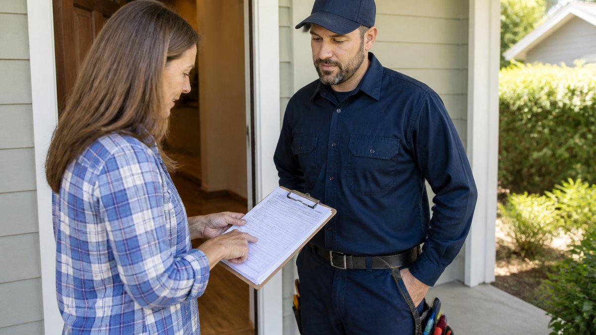 Homeowner reviewing electrician's license documents and insurance certificates on clipboard while speaking with uniformed professional at front door, natural daylight