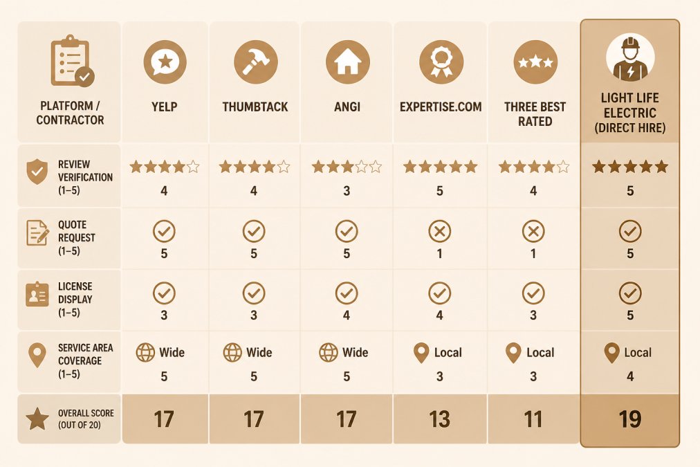 Comparison matrix of five electrician-finding platforms (Yelp, Thumbtack, Angi, Expertise.com, Three Best Rated) versus direct hire Light Life Electric, scored across review verification, quote request, license display, and service area coverage