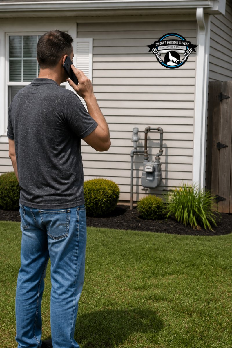 Homeowner calling for gas leak repair services from a safe distance on the lawn outside their home