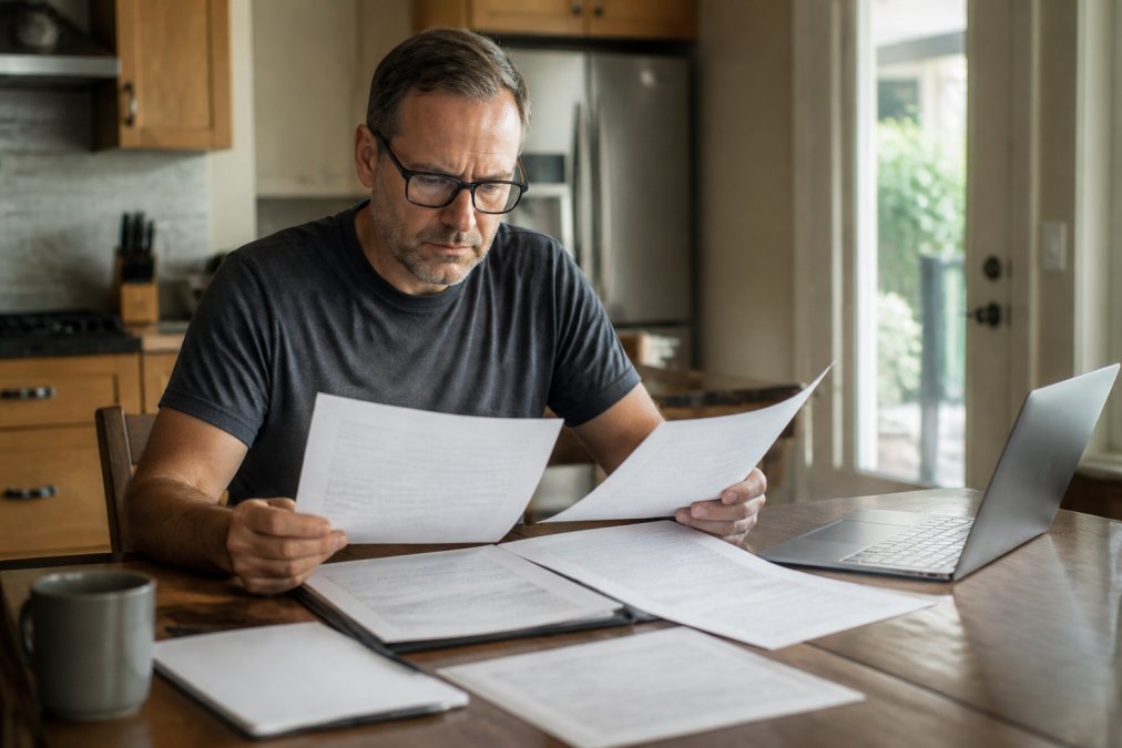 Homeowner at kitchen table reviewing contractor license documents and insurance papers on laptop with organized paperwork visible