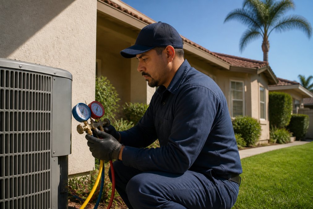 A professional HVAC technician in a navy uniform and cap kneeling beside a residential condensing unit, holding a digital manifold gauge, with a stucco California home and palm tree in the background under bright afternoon sun