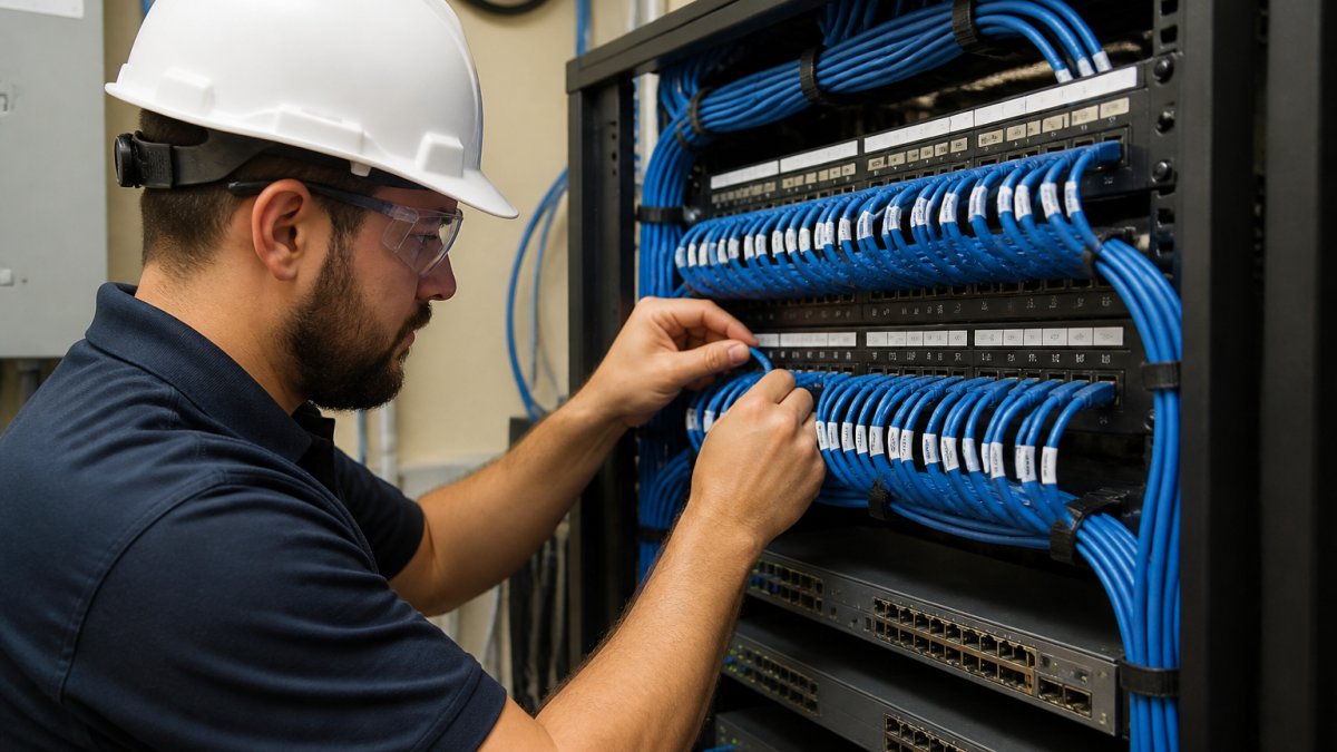 A low voltage technician in safety glasses and a hard hat terminating Cat 6 cables into a patch panel inside a commercial IDF closet, with labeled cable bundles and network switches visible in the background