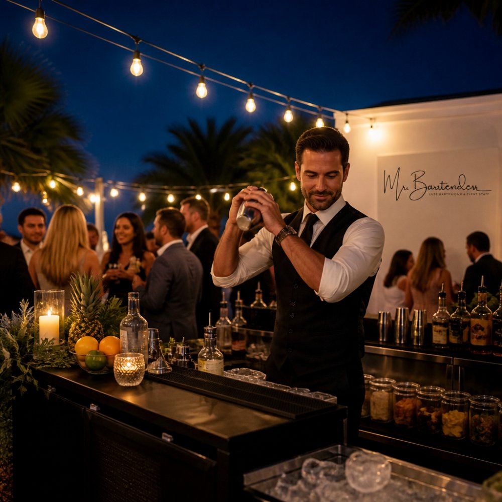 A professional bartender in a black vest and tie shaking a cocktail behind a sleek portable bar at an outdoor evening party, with warm string lights and guests mingling in the background
