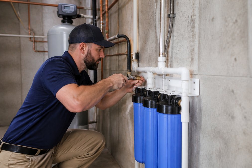 A licensed plumber for water system installation connects pipes to a new home filtration unit in a basement.