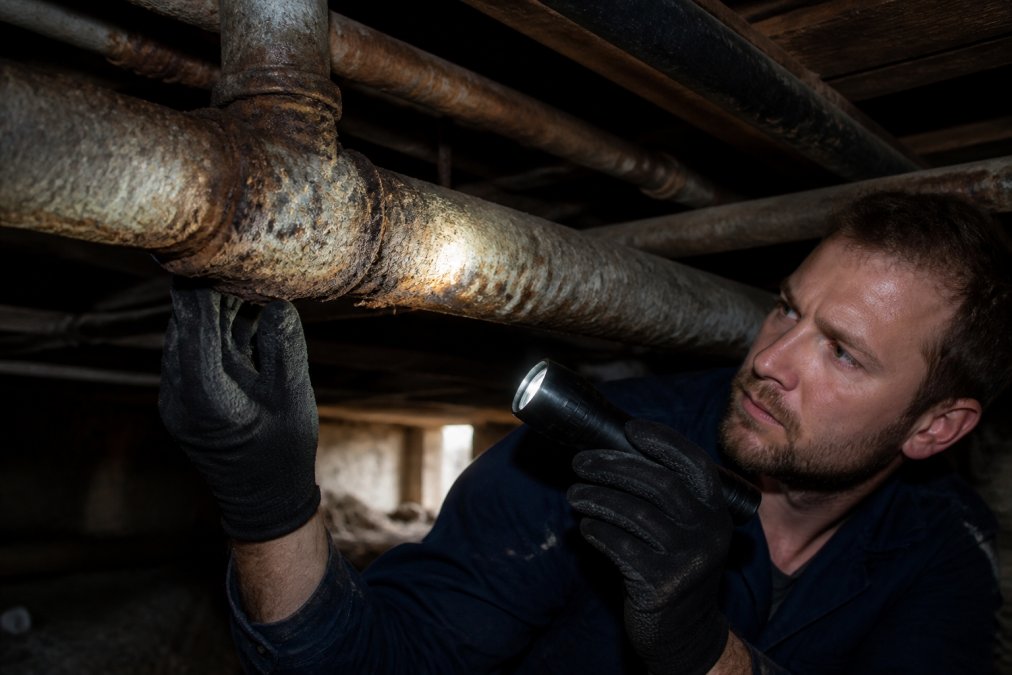A plumber's gloved hands inspecting a heavily corroded, rusted galvanized steel pipe joint in a dimly lit basement crawl space, holding a flashlight to illuminate the flaking metal