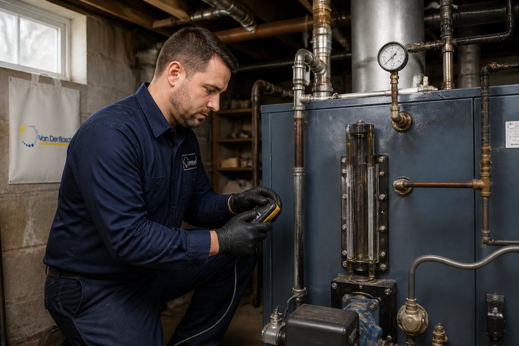 Professional technician in work clothes using diagnostic equipment to inspect a steam boiler in a residential basement, with sight glass, piping, and pressure gauges visible