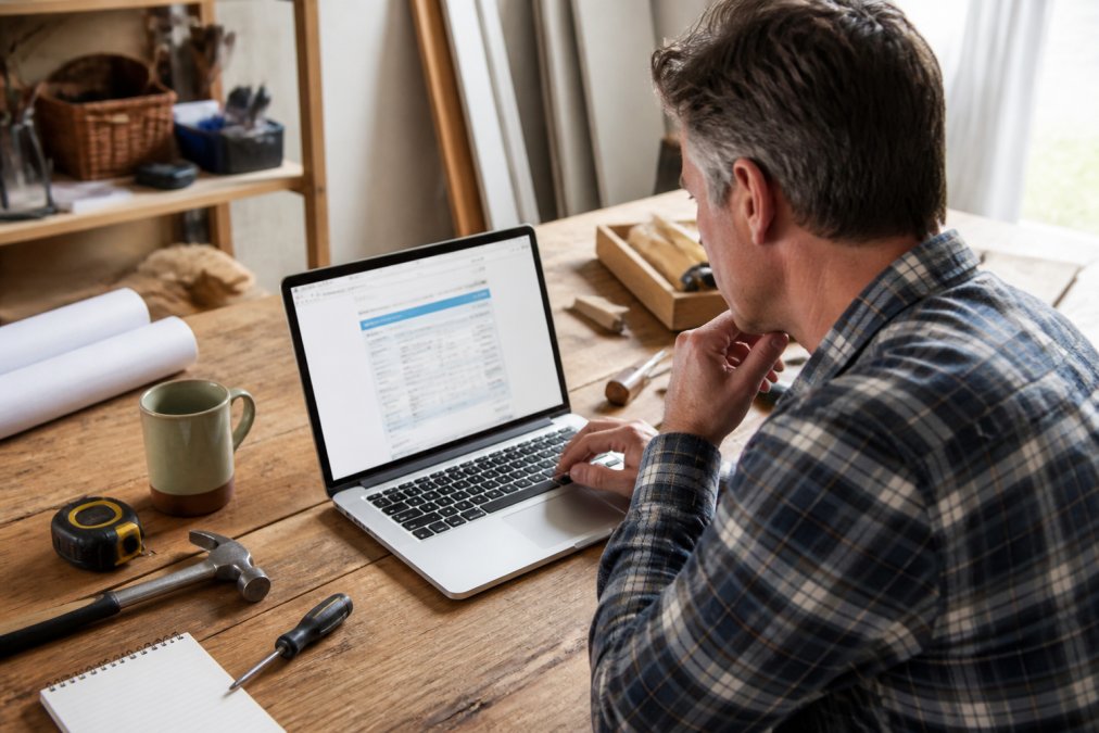 Homeowner at laptop reviewing Idaho Division of Building Safety license database search results, with contractor license number visible on screen