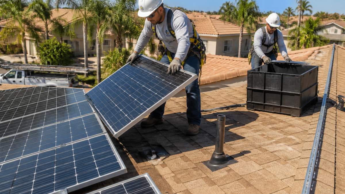 Professional contractor team carefully removing solar panel from residential roof using proper safety equipment and labeled storage system