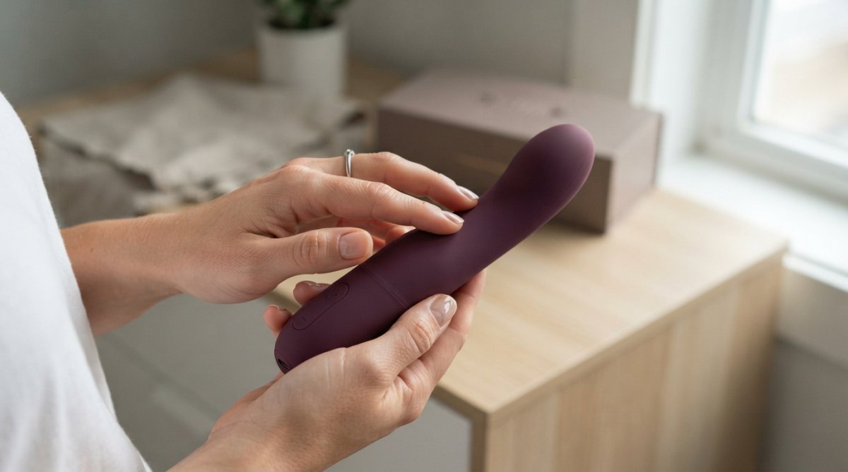 Handen die voorzichtig een glad seksspeeltje inspecteren op textuur en afwerking, met natuurlijk daglicht dat alle details zichtbaar maakt