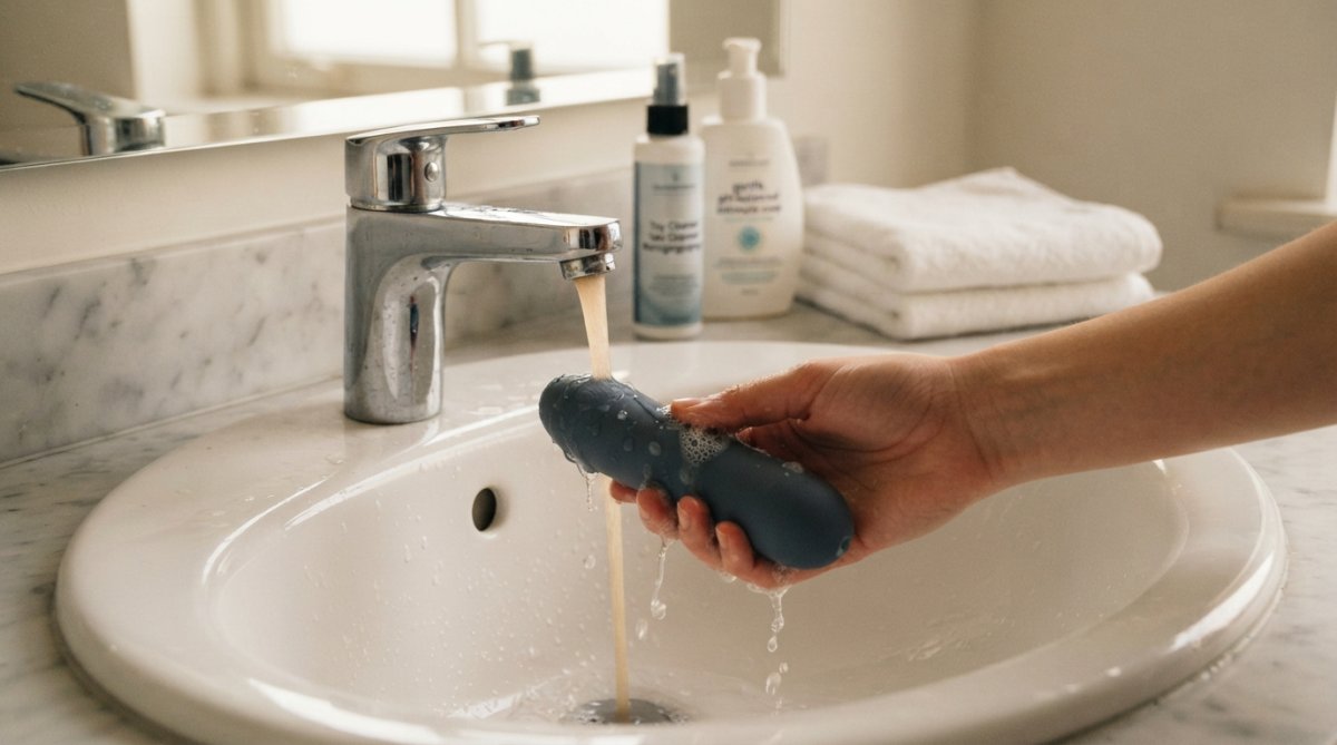 Schoon seksspeeltje van medische siliconen onder warm water met zachte zeep, met handdoek en reinigingsmiddel zichtbaar op de achtergrond