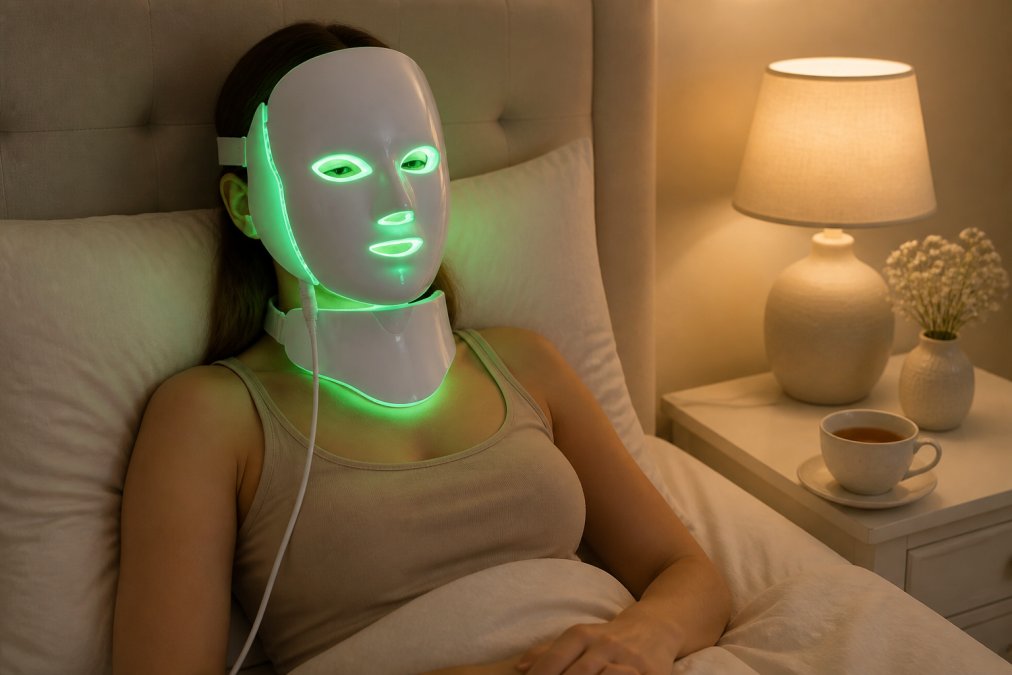 Vrouw die ontspannen zit met een LED-gezichtsmasker op, in een rustige slaapkamer met zachte gouden verlichting, met een kop thee op het nachtkastje naast haar