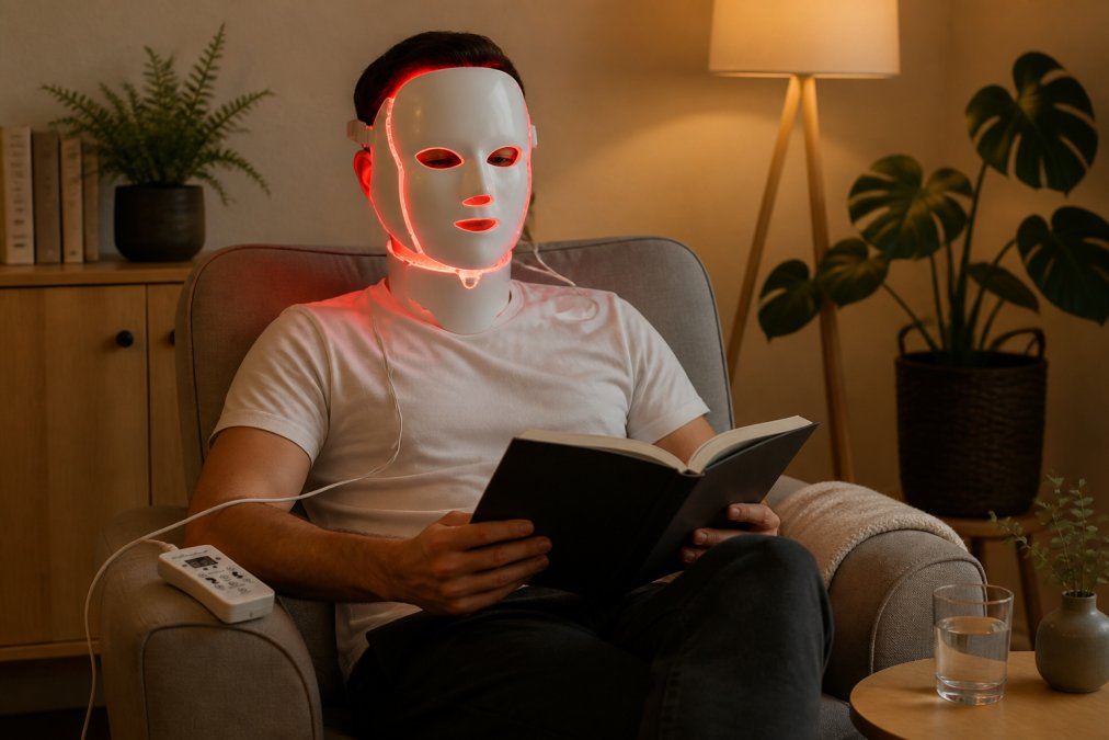 Man die ontspannen zit met een rode lichttherapielamp gericht op zijn gezicht, in een comfortabele thuisomgeving met warme verlichting, met een boek op zijn schoot