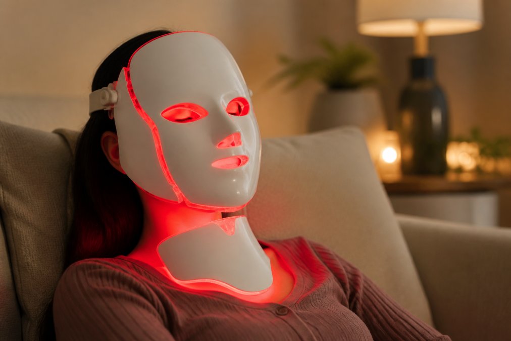 Close-up van een vrouw die een rood LED-gezichtsmasker draagt terwijl ze ontspannen op een bank zit in een zachtjes verlichte woonkamer