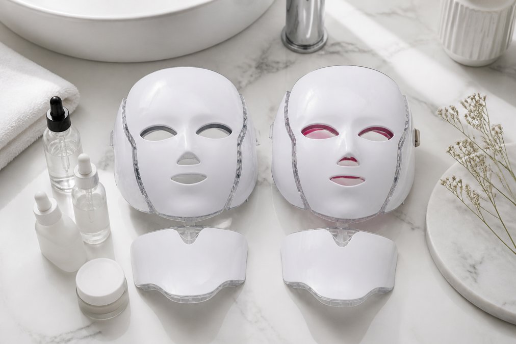 Bovenaanzicht van twee LED-lichttherapie-apparaten naast skincare-producten zoals serumflesjes en een moisturizer op een wit badkameroppervlak