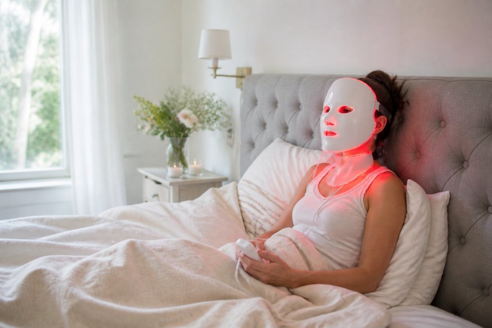 Vrouw die een LED-gezichtsmasker draagt thuis in een rustige, goed verlichte slaapkamer, ontspannen op bed met natuurlijk licht