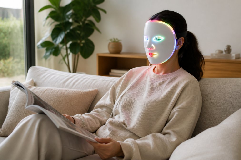 Jonge vrouw ontspant op de bank met een 7-kleuren LED-masker voor lichttherapie beginners in een moderne woonkamer
