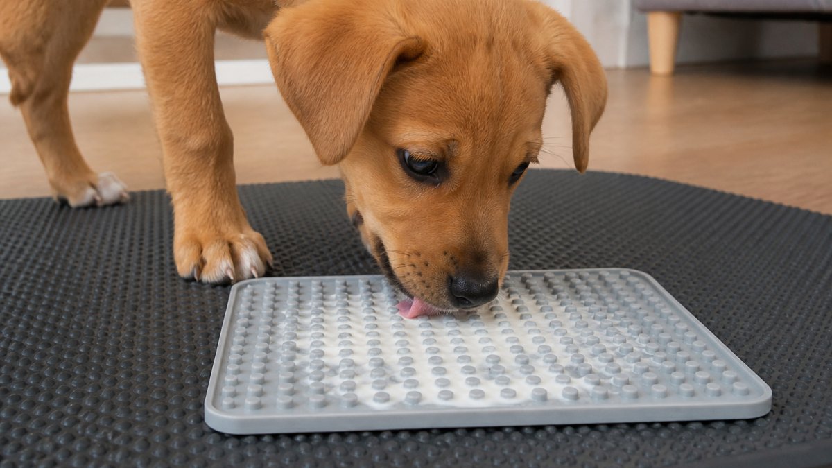 Young puppy with tongue extended licking a textured silicone mat filled with frozen yogurt on a non-slip surface, showing focused, calm behaviour during enrichment time in natural home lighting