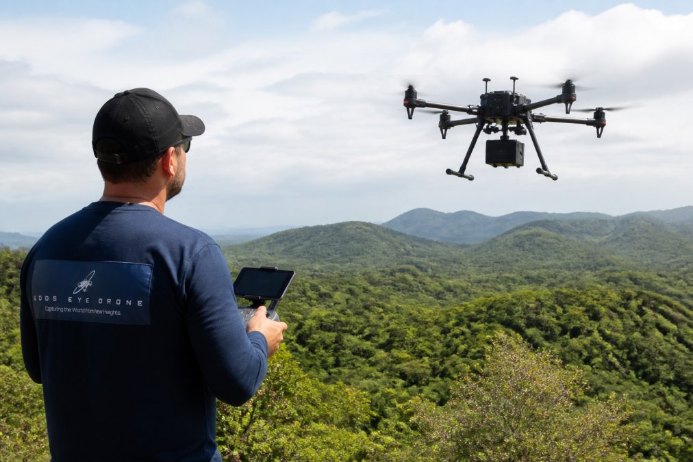 Certified drone pilot preparing and launching a LiDAR-equipped drone over a forested landscape with dense vegetation and varied terrain visible below