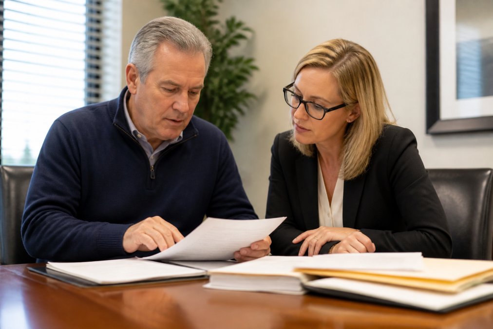 Professional executor or personal representative reviewing estate documents and property records at a desk with a lawyer or real estate advisor nearby, showing collaboration and careful planning
