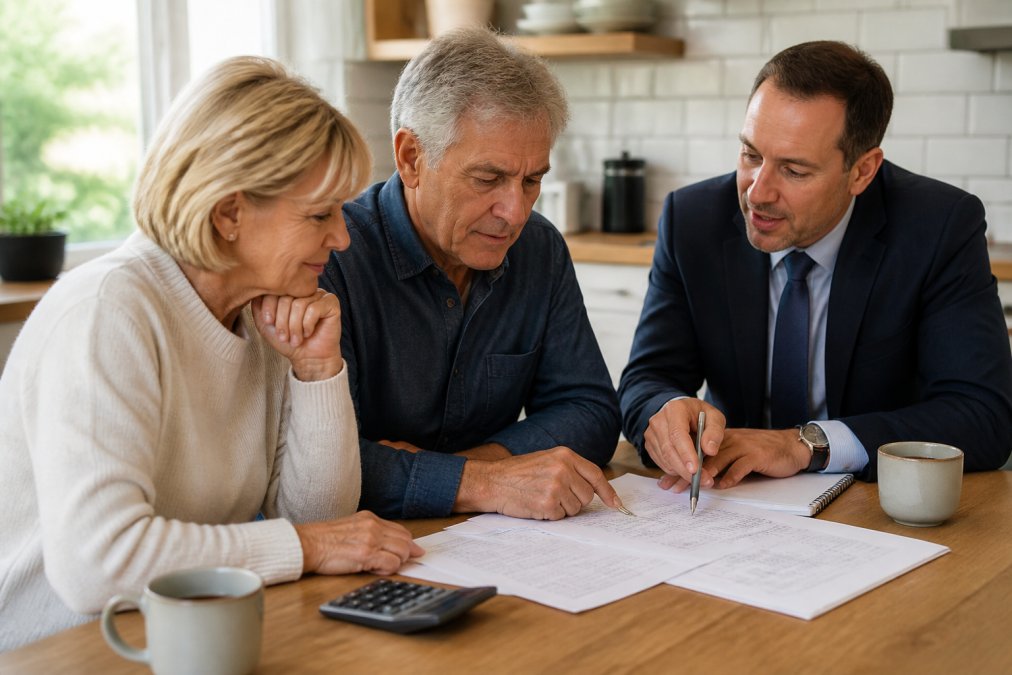Infographic showing the step-by-step process used to calculate payout figures for life annuities at a kitchen table.