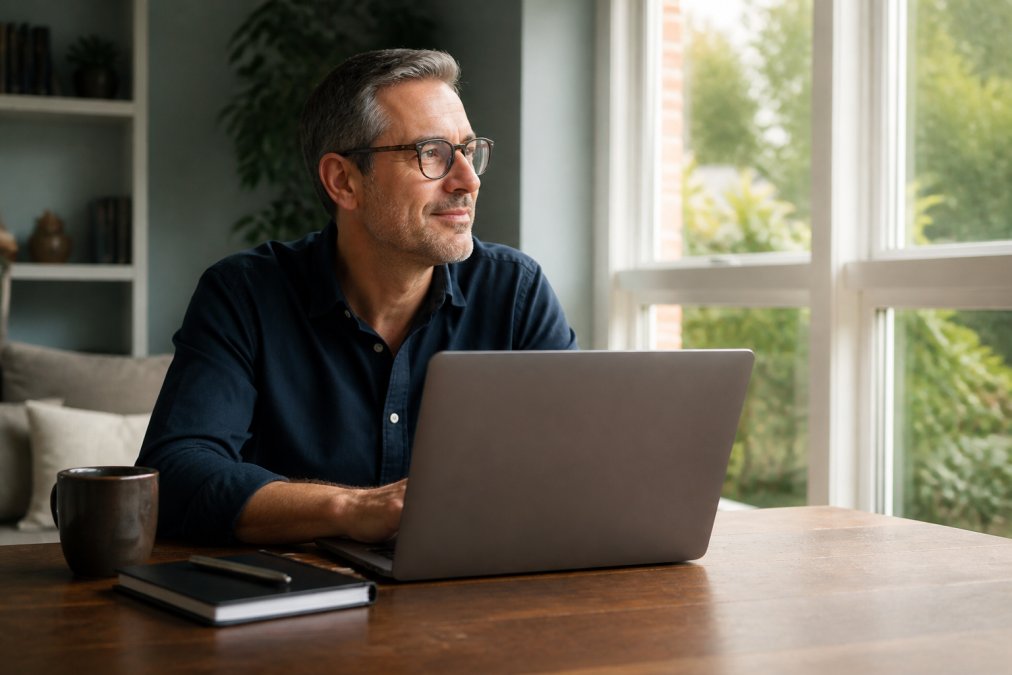 Professional in business casual attire sitting at a desk, looking energized and focused while working on a laptop, with natural light streaming through a window