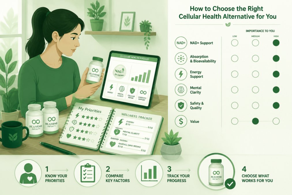 Person reviewing supplement bottles and health information on a tablet at home, with notes and wellness tracking materials on the table