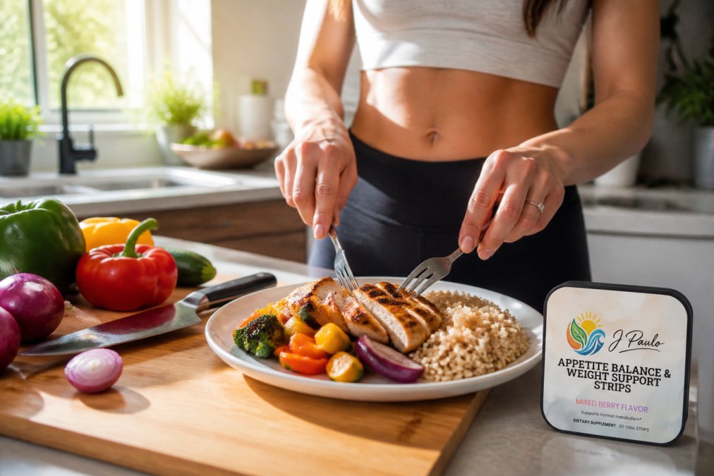 Person preparing a balanced meal with lean protein, grilled chicken breast, roasted vegetables, and brown rice in a bright, modern kitchen with natural sunlight streaming through windows