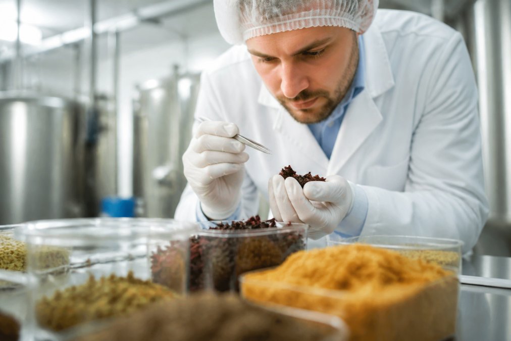 Scientist inspecting raw ingredient samples in a modern facility for life extension vs now foods quality testing