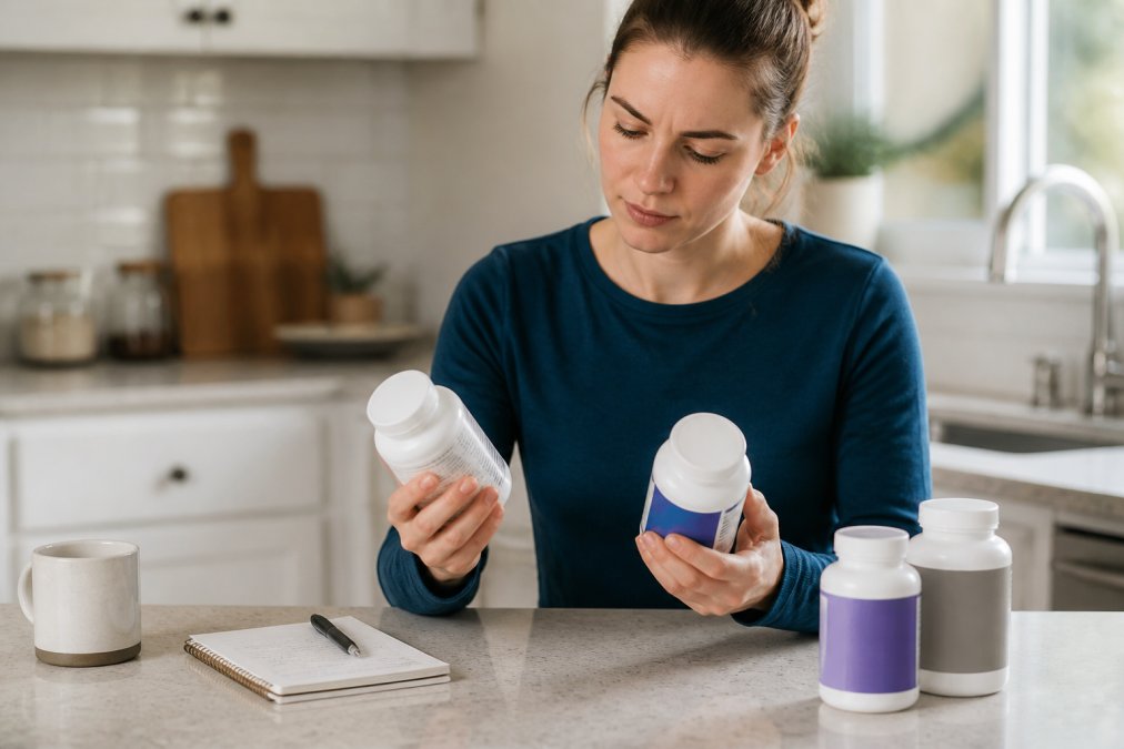 A person comparing supplement bottles on a kitchen counter with a notebook and pen, natural light